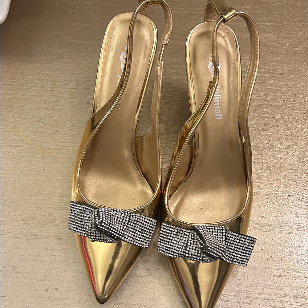 Animal Gold Slingback Heels with Rhinestone Bow